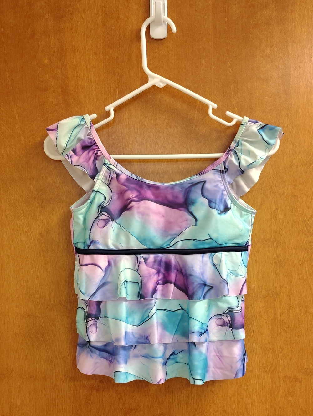 Justice Lilac Pink and Teal Swim Top with Watercolor Trim